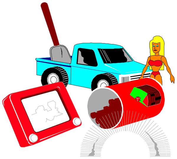 The image shows a cartoon of various items including an animated female character standing next to vehicles like cars and trucks; there's also a toy truck with its bed open revealing tools inside it, two remote controls resembling video game controllers, another smaller vehicle that looks like a car or van, some sort of electronic device in the shape of a red cylinder on wheels, an animated character holding what appears to be a hammer and nails. The background is black which contrasts with all objects present.