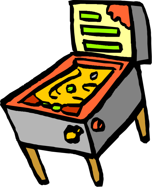 The illustration shows a cartoon depiction of an arcade game machine with various buttons on its side, placed against a dark background that resembles nighttime sky.