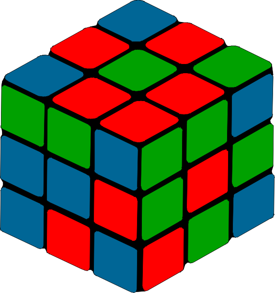 The image shows a Rubik's Cube with two different states: on top is an unscrambled cube in its original state of red, green, blue, yellow, white, black; below it is another view showing all sides scrambled and disordered.