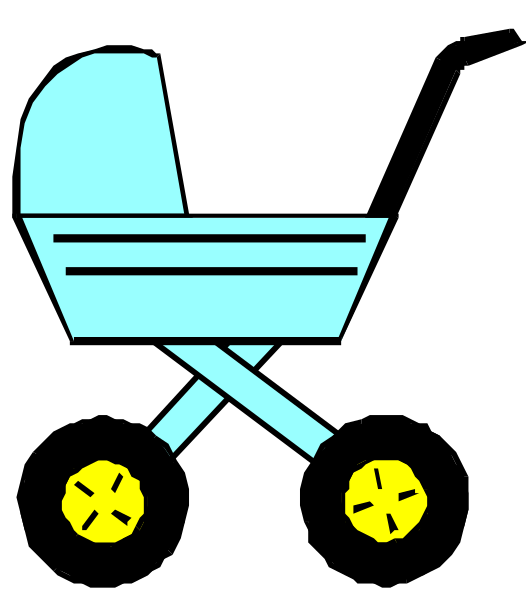 The image shows a stroller with wheels on it against a black background.