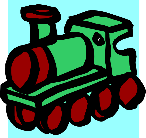 The image shows a cartoon drawing of an old green train with red wheels on tracks against a blue background.