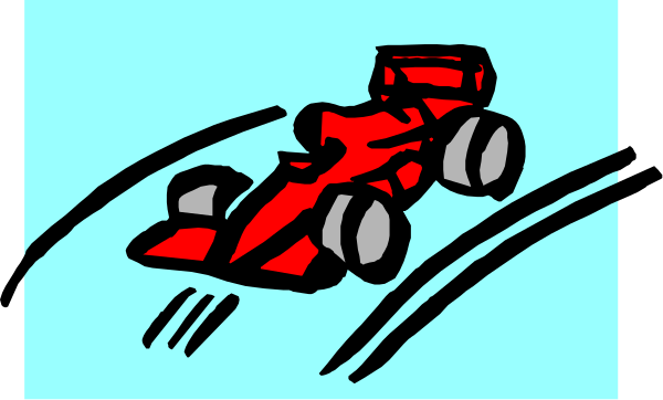 The cartoon shows a red race car speeding on an oval track with blurred lines indicating motion; there is no text present in this image.