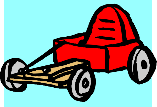 The cartoon shows a red toy tractor pulling an empty trailer with wheels behind it on what appears to be grassy ground under clear skies.