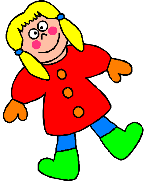 The cartoon shows a girl with blonde hair wearing glasses standing on her head while holding onto an orange pole; she is smiling broadly at something off-camera to her right.