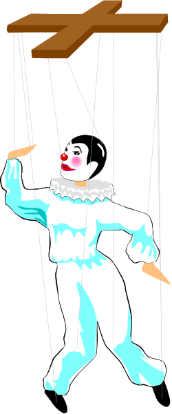 The image shows a cartoon of an animated character dressed as a clown hanging from strings on what appears to be a puppet stage with a backdrop that resembles a church interior.