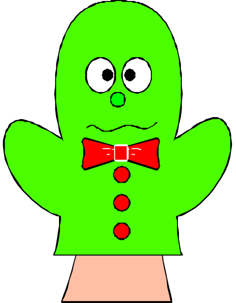 The image shows a green gingerbread man with eyes looking upwards to its right side of frame; it has red bow tie around neck, black buttons on torso, arms extended outward in front of body and legs apart at sides.