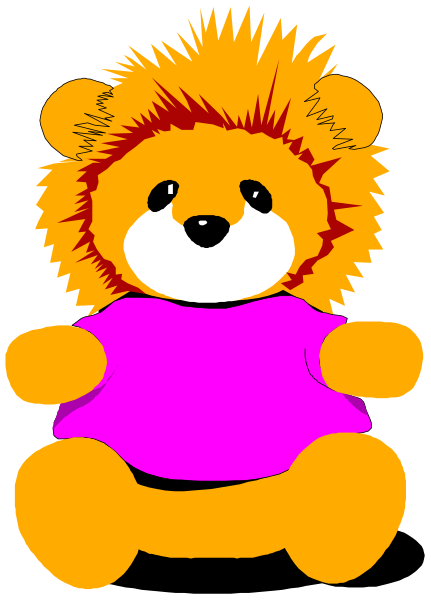 The image shows a cartoon of an orange teddy bear wearing a pink shirt sitting against a white background with no other visible elements in it.