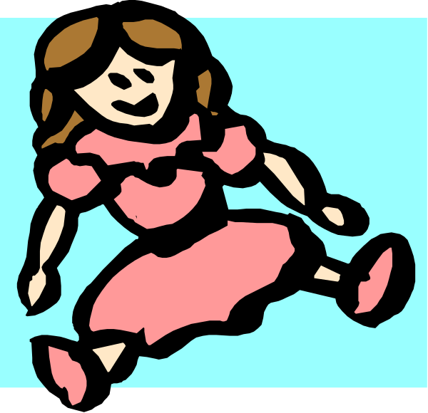 The image shows a cartoon of an animated girl with brown hair wearing pink clothing who is jumping on what appears to be a bed in mid-air against a blue background.