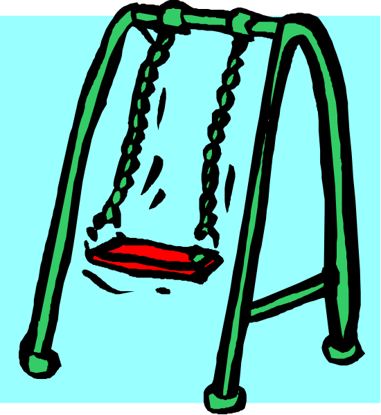 The image shows a green swing set with an empty seat on it against a blue background.