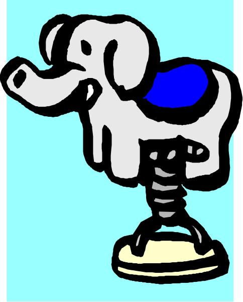 The cartoon shows an elephant sitting on a unicycle with its trunk resting on top of it while wearing glasses that have blue lenses over one eye.