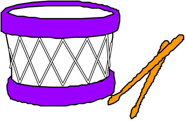 The image shows a purple drum with white dots on it next to two orange sticks that appear ready for use near what looks like an amplifier symbolizing sound equipment.