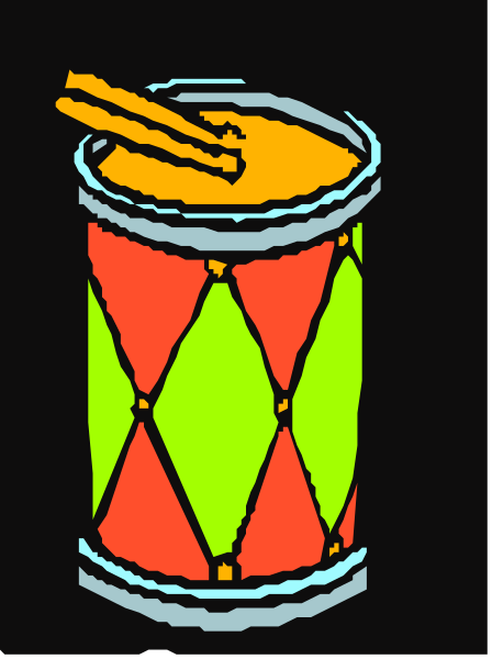 The image shows a cartoon depiction of an upright drum with red stripes around it placed on top of what appears to be a black surface against a dark background; there is no text present in this clip-art illustration, and all elements within the frame contribute solely towards conveying its subject matter.