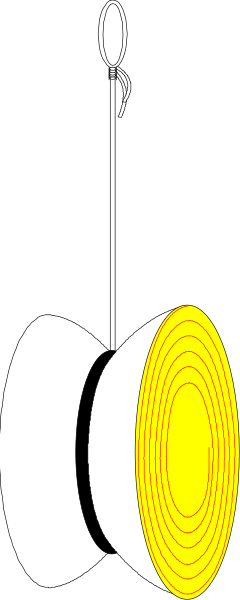 The image shows a black and white photo of an apple with two slices missing from it hanging on what appears to be a clothesline against a gray background.
