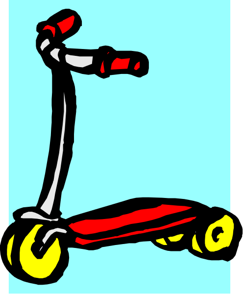 The image shows a red scooter with yellow wheels against a blue background on the left side of an illustration that is framed by black lines forming a border around it.