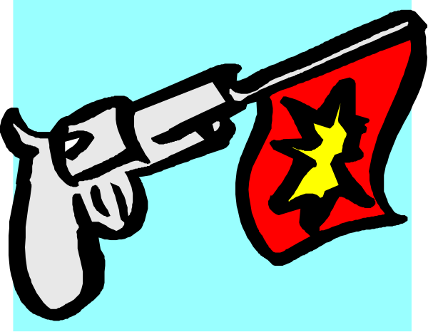 The image shows a cartoon depiction of two guns crossed over each other with an American flag on top to their right side; there is no text present in this clip-art illustration.