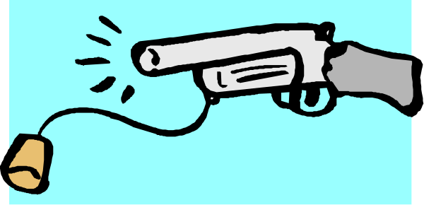 The image shows a cartoon depiction of an animated hand holding a gun with its finger on the trigger pointing towards it from above; there is no text present in this small clip-art illustration.