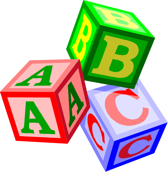 The image shows a collection of colorful alphabet blocks with letters A through Z on them against a black background.