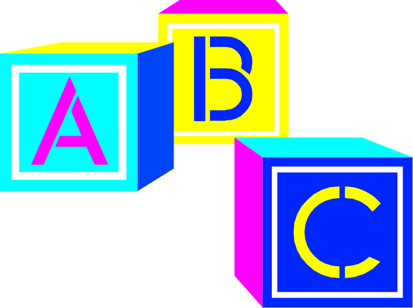 The image shows a colorful set of alphabet blocks with letters A through C on them against a dark background.