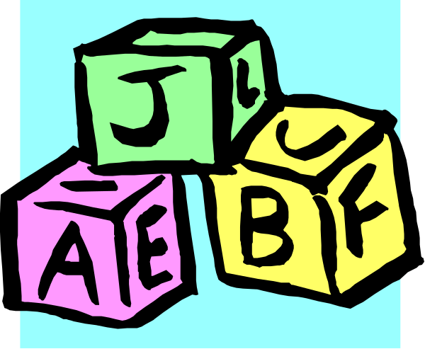 The image shows a collection of colorful alphabet blocks with letters on them arranged together against a blue background.