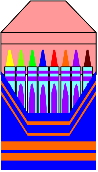 The image shows a colorful display of crayons with various shades lined up vertically within what appears to be an open box or container on top of which there is another layer containing more colored items that resemble candles, also in different hues and arranged horizontally across the width.
