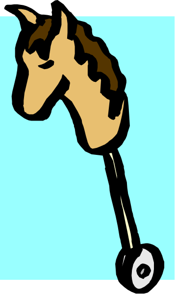 The image shows a cartoon of an animated horse's head with its ears sticking out from behind what appears to be a mechanical arm holding something that looks like a wheelbarrow on top of it.