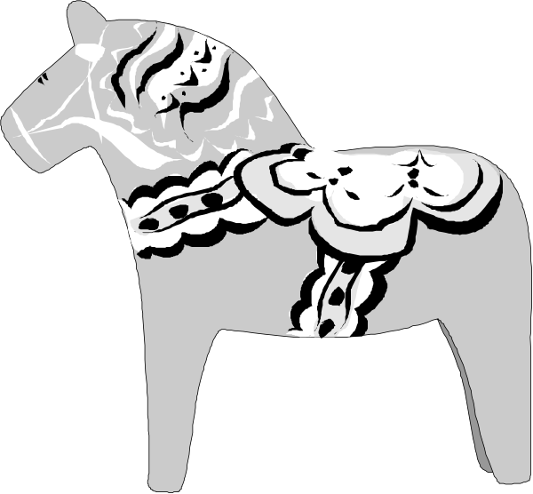 The black and white illustration shows a horse with intricate patterns on its body standing next to another similar patterned object that resembles an animal but is abstract in nature; both objects have decorative designs, possibly inspired by traditional craftsmanship styles such as wood carving or metalwork.