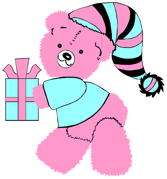 The image features a pink teddy bear holding a gift with blue wrapping paper while wearing an elf costume complete with striped hat and boots; it is standing in front of what appears to be a Christmas tree, which has red decorations on its branches.