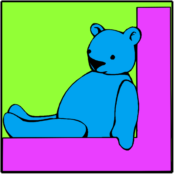The image shows a blue teddy bear sitting on an orange chair with its arms crossed over itself against a pink background in one panel; then it is shown lying down next to another similar-looking but smaller teddy bear, also wearing clothes and glasses, which appears to be the same character as before.