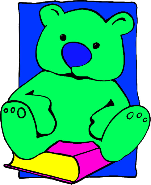 The image features a cartoon of an anthropomorphic teddy bear sitting on top of what appears to be a book with its legs crossed in front of it.