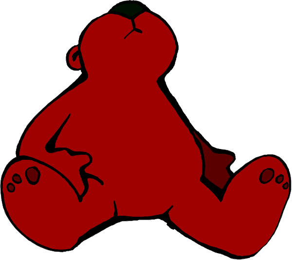 The image shows a red teddy bear lying on its back with arms outstretched as if it's sunbathing in an outdoor environment.