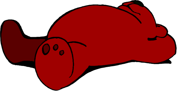 The image shows a red teddy bear lying on its back with paws up as if it's playing dead against a white background.