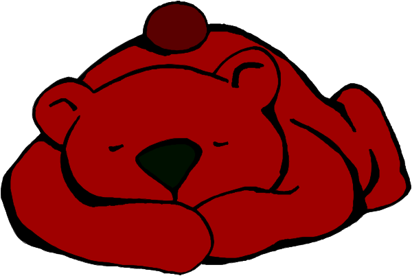 The image shows a red teddy bear lying down with its arms crossed over itself on what appears to be a white surface against an indistinct background.