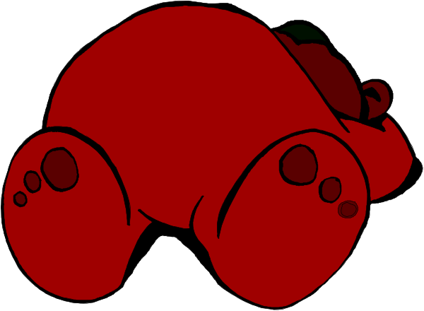 The image shows a red teddy bear with black paws sitting on top of another object that appears to be an orange carrot in color; both items have been digitally altered for artistic effect.