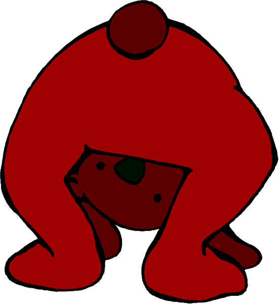 The image shows a red cartoon character with an exaggeratedly large head sitting on its knees while looking down at something off-frame.