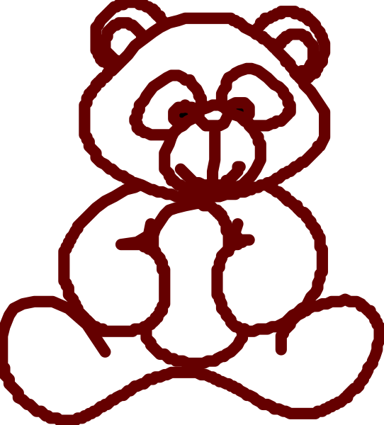 The image shows a black and white line drawing of an infant bear sitting on its butt with hands clasped together over its chest in front of it.