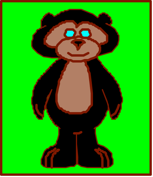 The image shows a cartoon of an anthropomorphic bear standing upright with its arms outstretched against a green background inside what appears to be a red border frame.