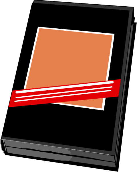 The image shows a book with an orange cover that has been partially obscured by what appears to be red tape across it on one side.