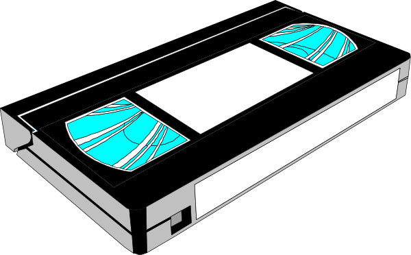 The image shows a VHS tape with blue labels on it placed against a black background.