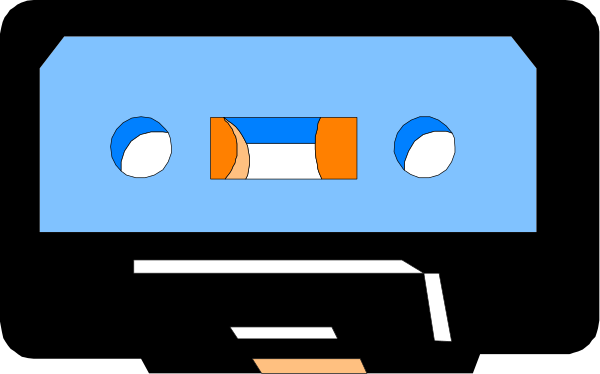 The image shows a cassette tape with play buttons on either side of it against a dark background.