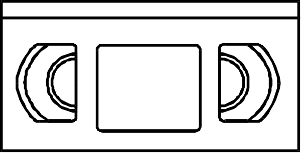 The black and white line drawing shows a VHS tape with two visible cassettes inside it placed on top of what appears to be an old-fashioned television set against a plain background.