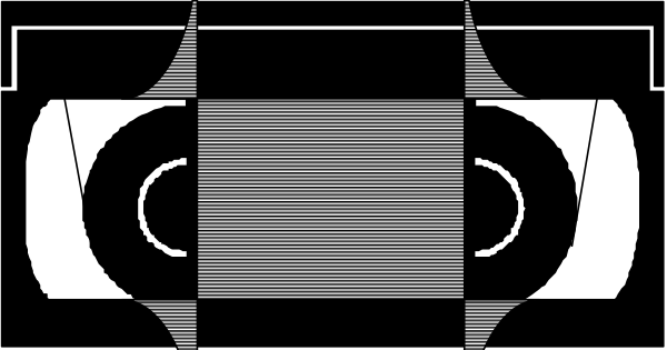 The image shows a black and white pixelated representation of an old cassette tape player with two tapes inserted into it.
