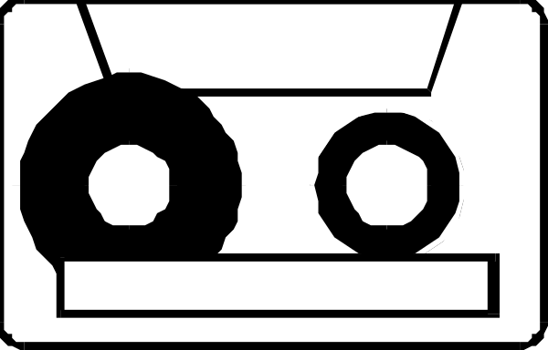 The black and white logo of a radio station with cassette tapes on it.