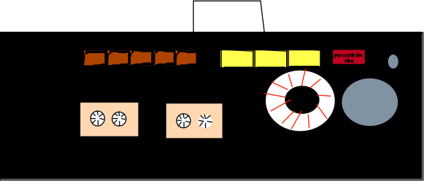The image shows a black and white illustration of an old train with various compartment doors open to reveal different items inside each one: there's a red lightbulb in the first car on the left, what appears to be a yellow object next to it, another small item that could possibly be food or supplies between them, two round objects resembling wheels at either end of the train with white dots and black lines indicating spokes, an open door showing various items inside including a red lightbulb in one corner.