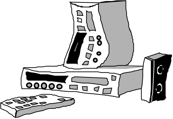 The black and white illustration shows a computer monitor with various icons on its screen next to an open laptop displaying what appears to be video editing software interface. A remote control is placed in front of both devices, suggesting that someone might have been using them simultaneously before leaving or pausing their work. There are no people present; the focus remains solely on these electronic items and a single remotes.