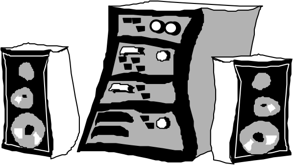 The black and white illustration shows a collection of speakers on stands with various controls visible between them; it is set against an indistinct background that does not provide additional context about location or time period.