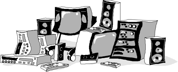 The black and white illustration shows a collection of electronic devices including speakers, headphones, amplifiers, microphone stands, cables, boxes with various logos on them such as Sony, Yamaha, Bose, Marshall, Fender, Gibson, Epiphone, Martin Guitar Company, Roland, Korg, and others. The items are arranged in a somewhat haphazard manner suggesting they might be for sale or being displayed at an event related to music equipment.