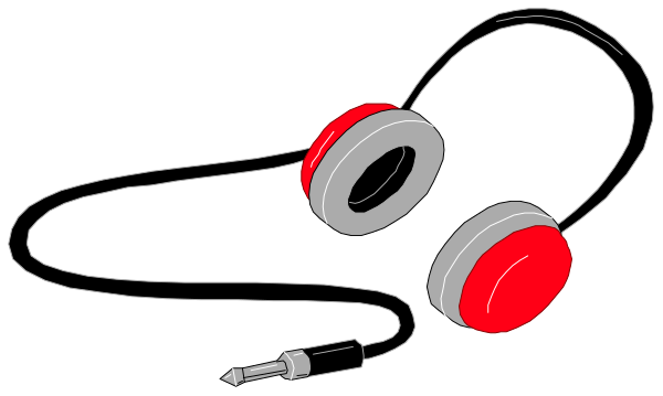The black and white illustration shows a pair of headphones with red ear pads on top, connected by an audio cable to what appears to be a music player device at one end and a jack plug connector at another.