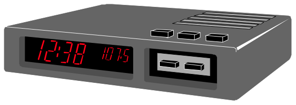 The image shows a digital clock on top of an electronic device with buttons around it; there is no text present to provide additional context about what these devices might be used for.