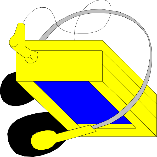 The image shows a yellow cartoon of an open box with blue interior containing what appears to be a small object inside it; there is no text present in this clip-art illustration.