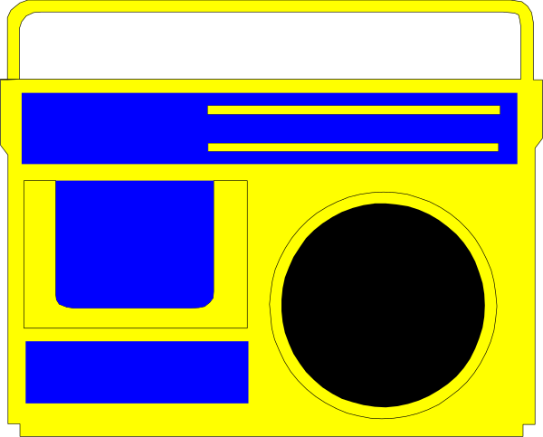 The image shows a stylized representation of an old boombox with various components such as speakers, antennae, buttons, dials, and tape deck in different shades of blue against a black background.